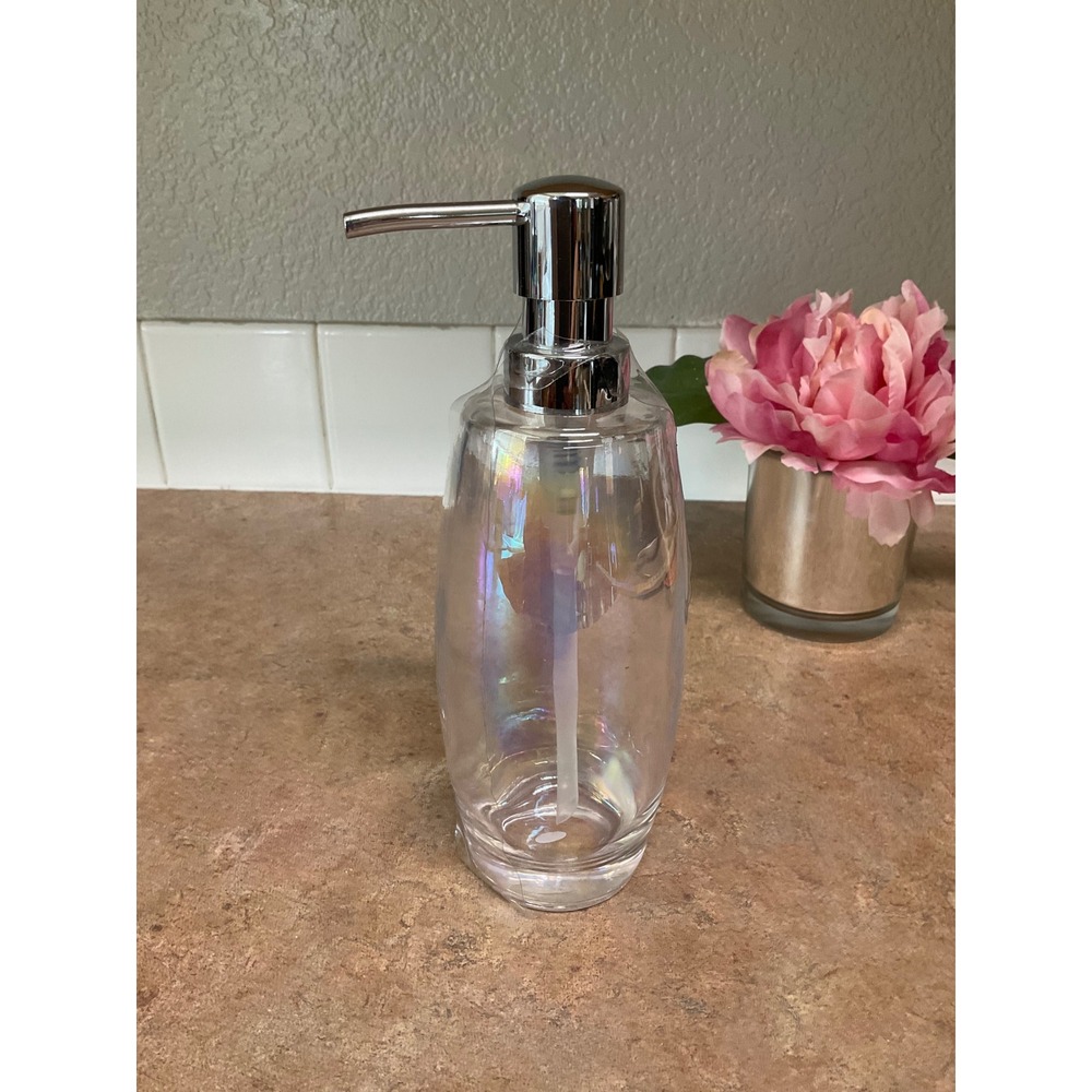 Iridescent Glass Soap Dispenser Chrome Pump Pearlescent Clear Refillable Bottle